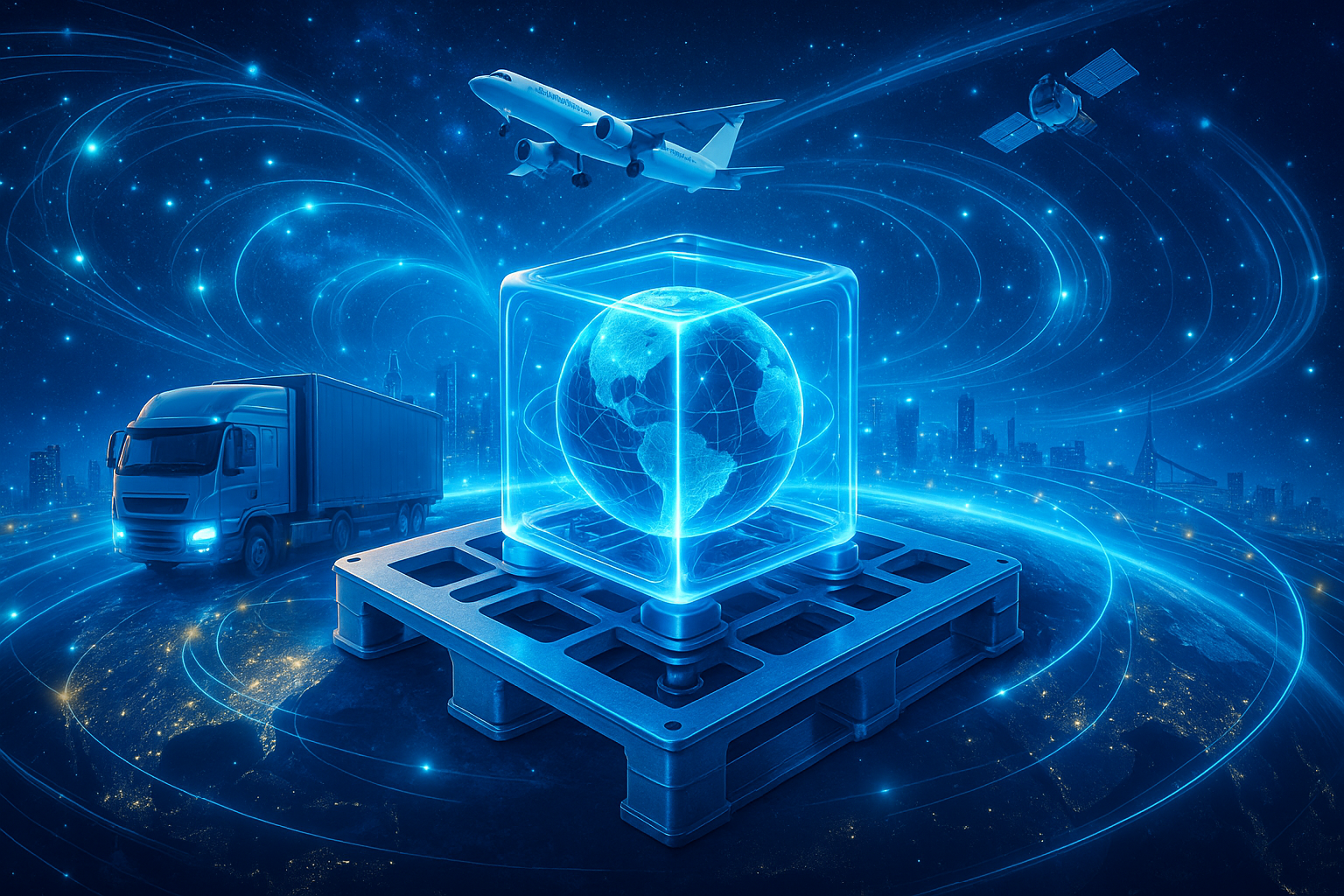 地球儀を中心にトラック・航空機・衛星が連携し、グローバル輸送ネットワークを可視化した防振パレットの概念を表現したイメージ。
