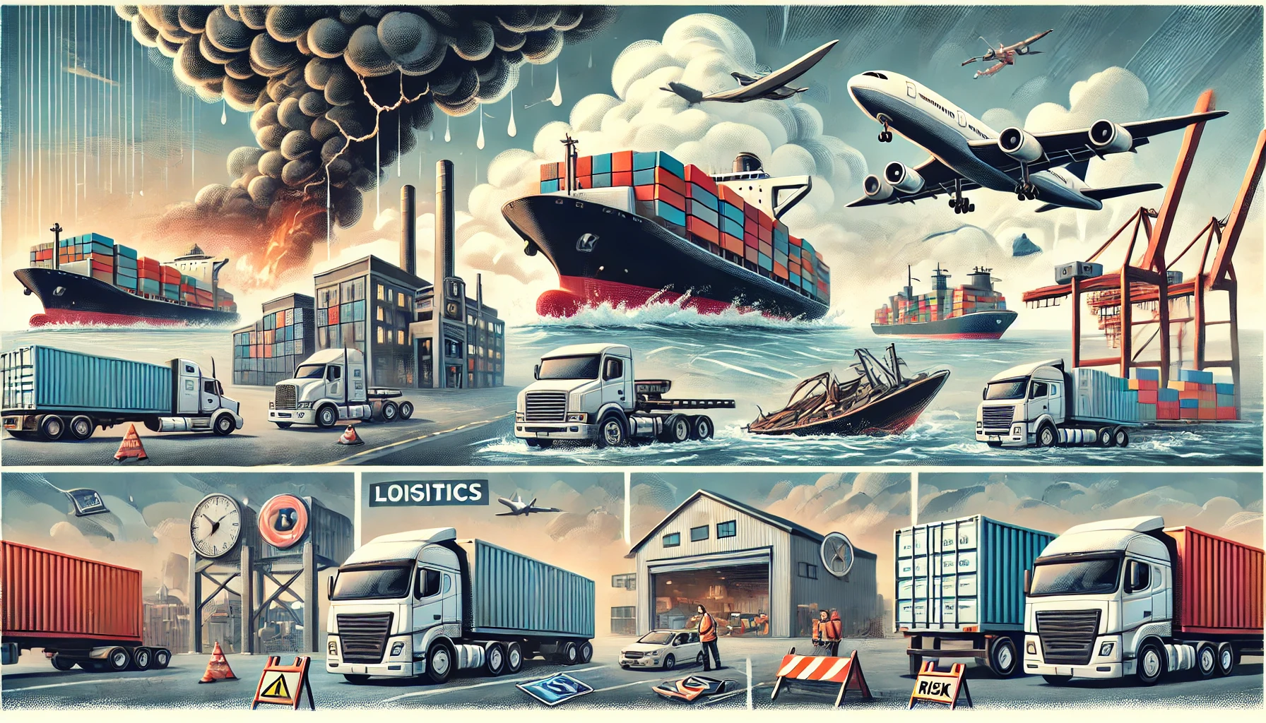 海上輸送や航空輸送、トラック輸送などの物流現場で発生するリスクと、それに備えるリスクマネジメントのイメージ。災害・事故・輸送遅延などの課題を描いたイラスト。
