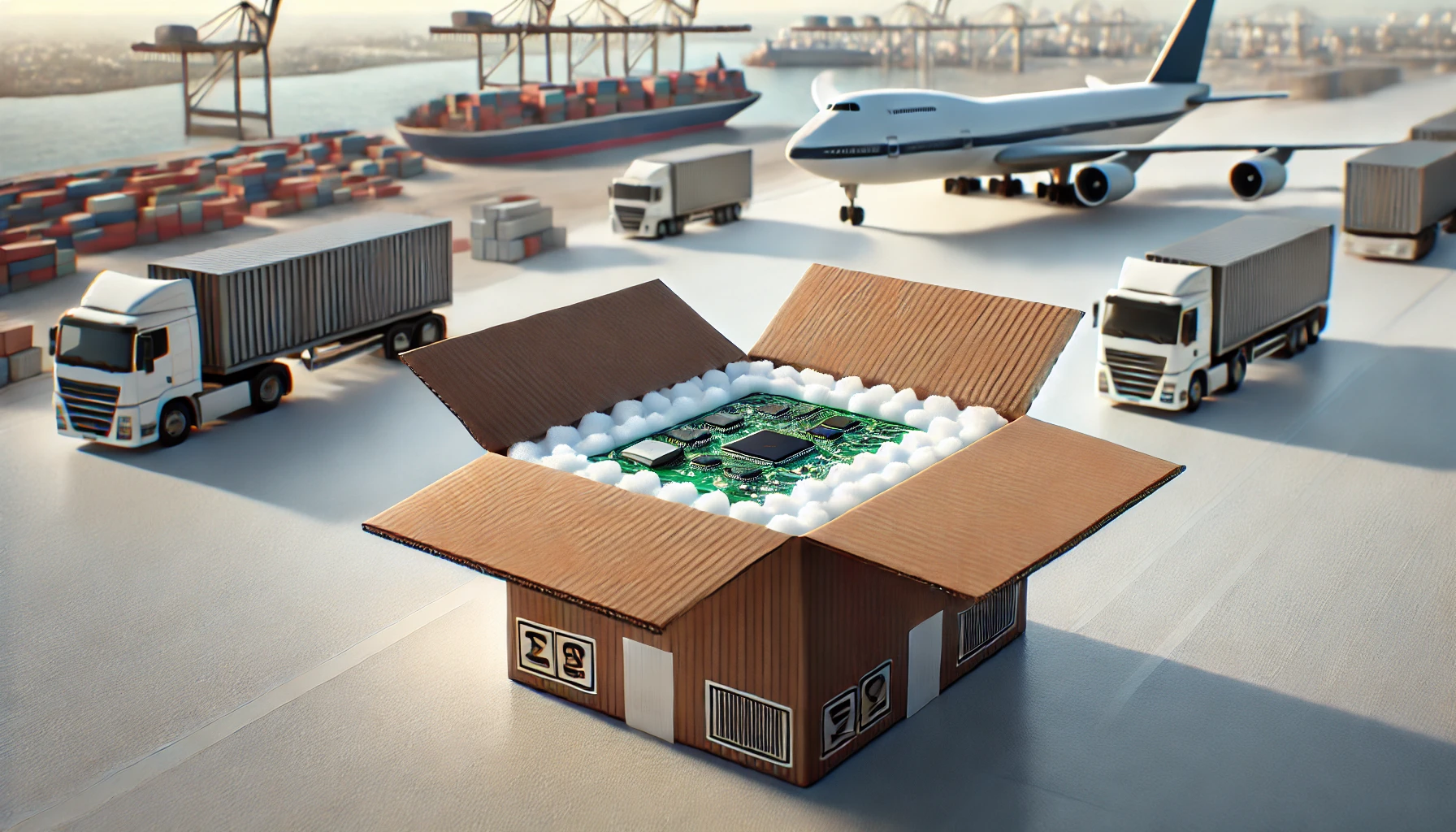 精密機器を緩衝材で丁寧に梱包し、トラック・飛行機・船で輸送する様子を表したイメージ