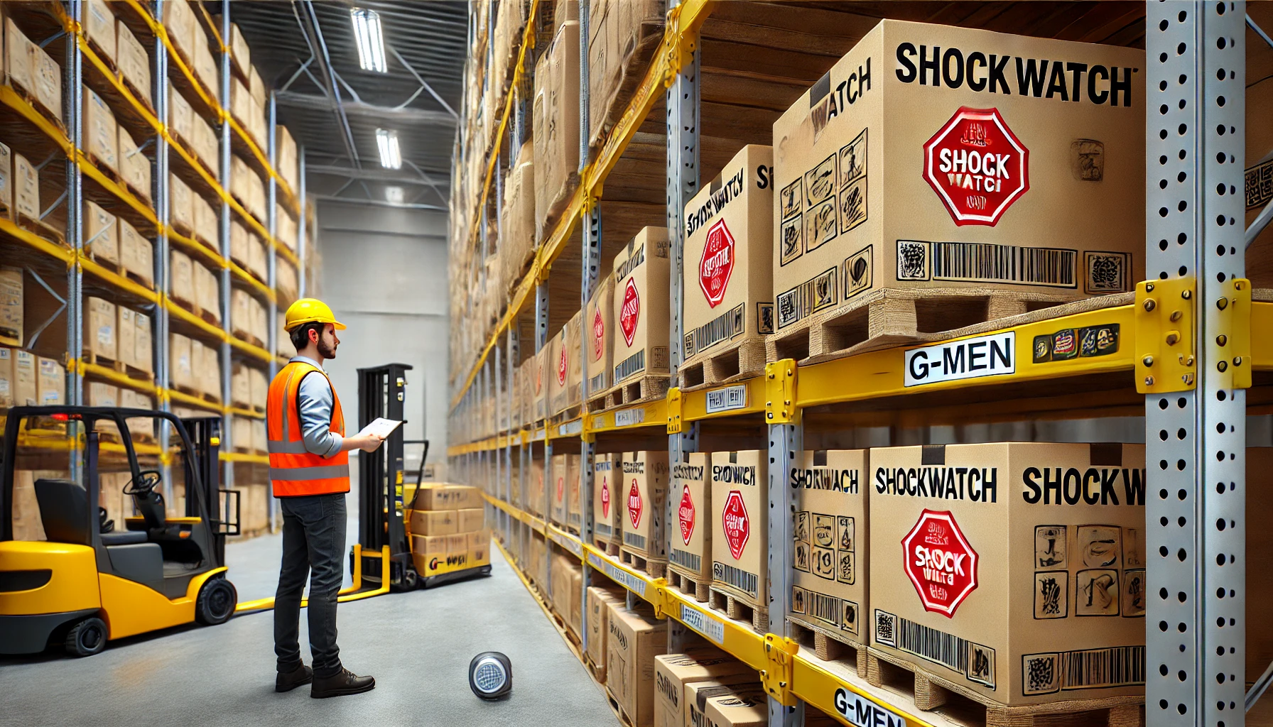 倉庫でショックウォッチラベルが貼られた段ボールを確認する作業員。衝撃検知ラベルとデータロガーG-MENを活用し、輸送品質を可視化している様子。