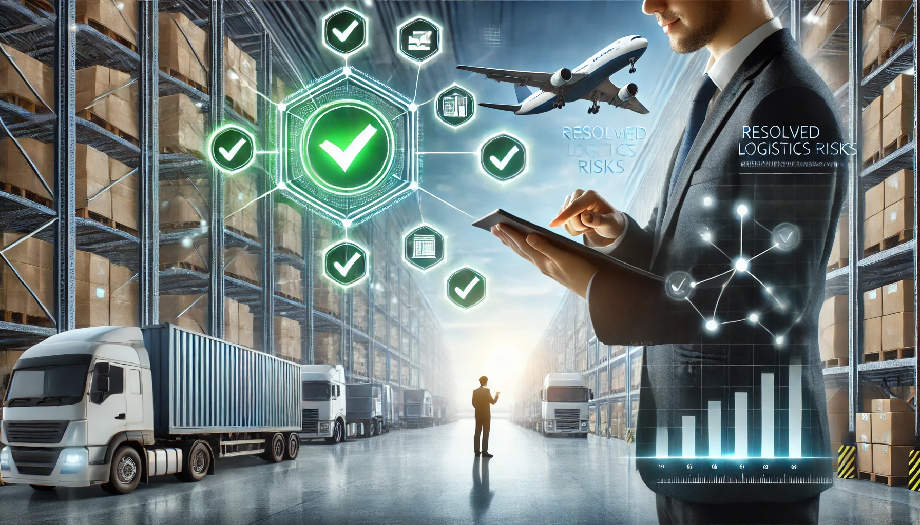サプライチェーンリスク対策として、倉庫とトラックの現場を背景に緑のチェックで5つの重要対策を示すイメージ