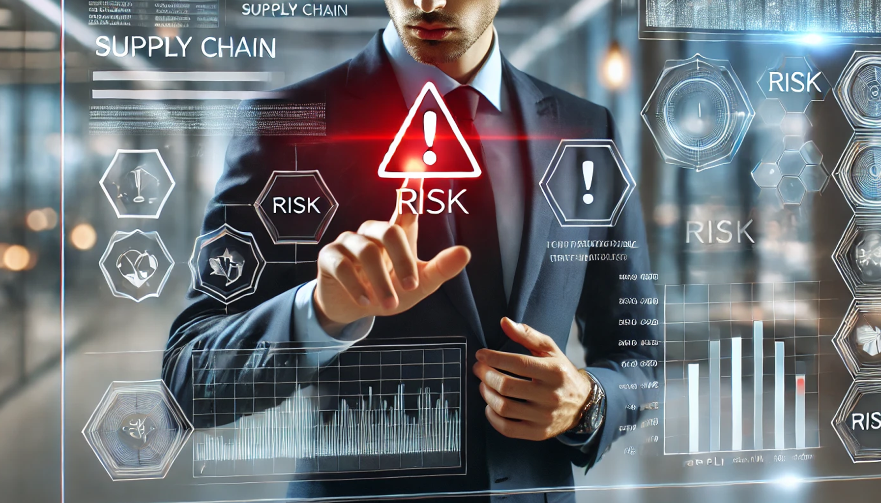 サプライチェーンのリスクを可視化し、ビジネス上の危険信号を分析する男性のイメージ