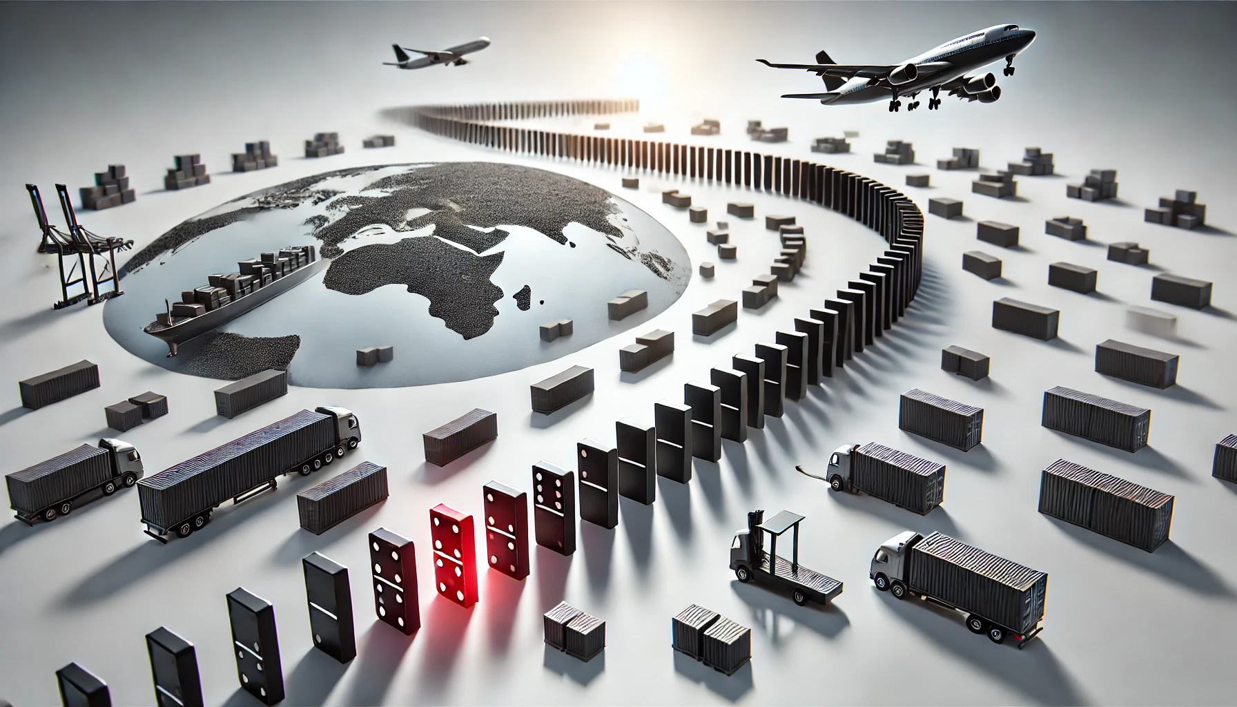 サプライチェーンにおける連鎖的な障害の発生をドミノで表現したイメージ