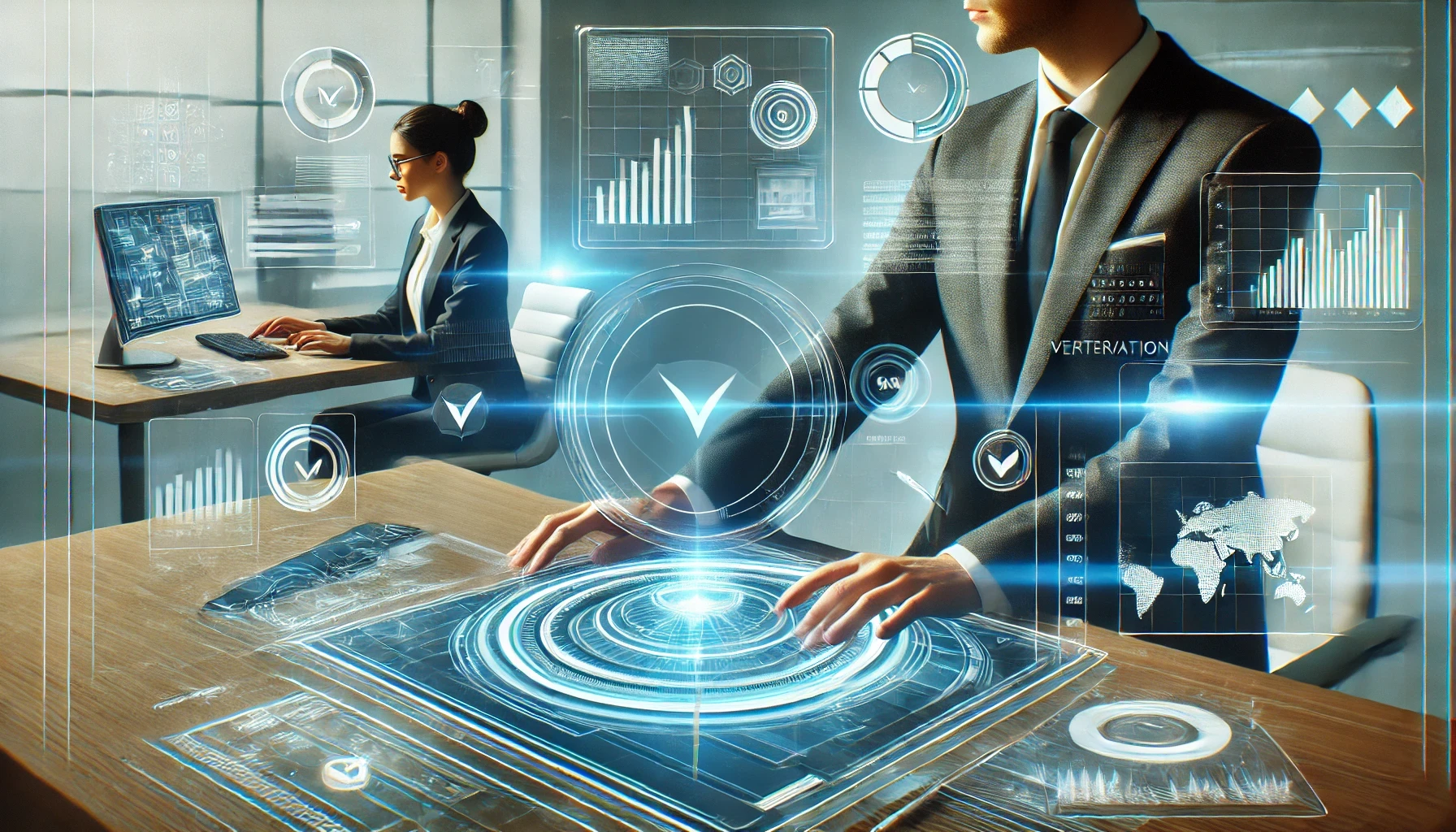 未来型のダッシュボードで指標を監視し、チェックマークで対策状況を確認するビジネスチームのイメージ