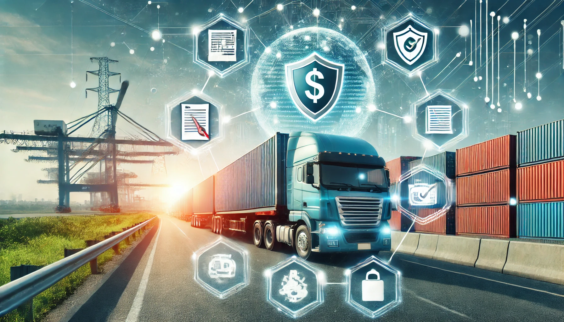 国際輸送のトラックとコンテナ港を背景に、保険や契約書、リスク管理を象徴するアイコンが浮かぶビジュアル。輸送保険の補償範囲(ICC-A/B/Cや特約)をイメージ化。