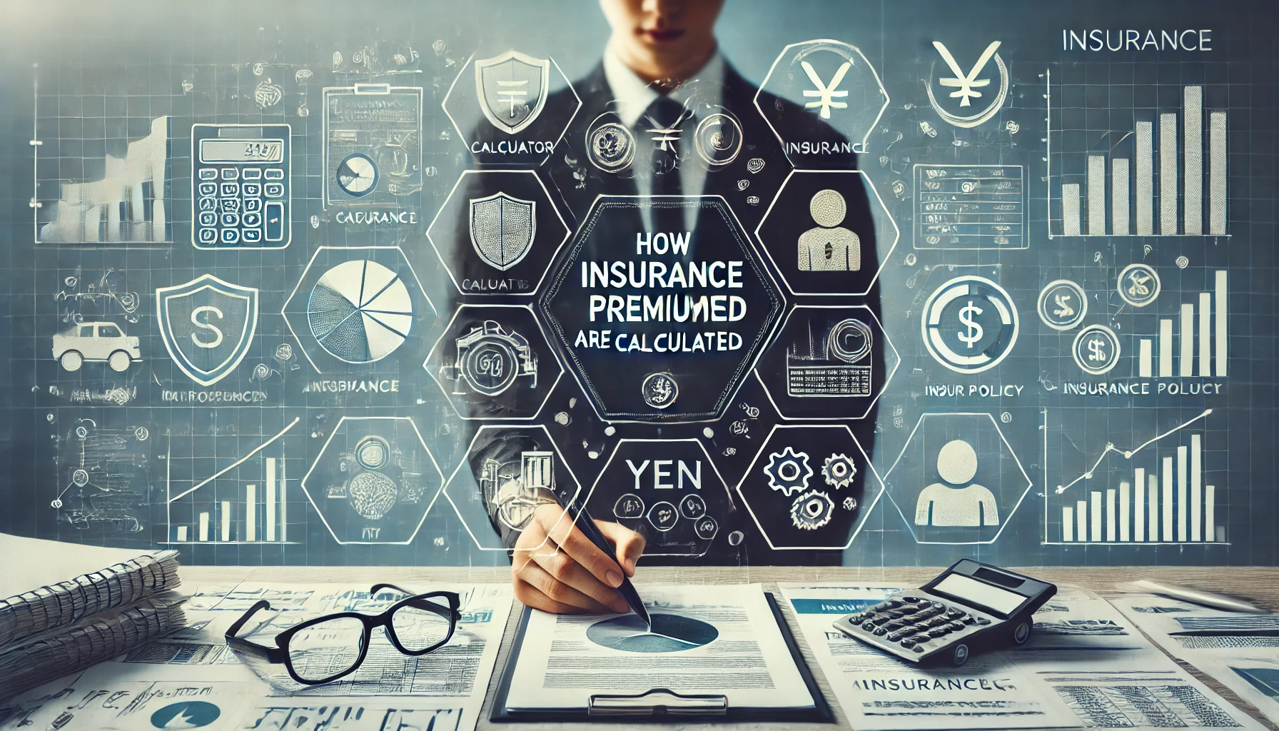 保険料計算の仕組みを示すビジネス背景。書類・電卓・グラフ・保険アイコンが並び、輸送保険の料率や保険金額の考え方をイメージしたビジュアル。