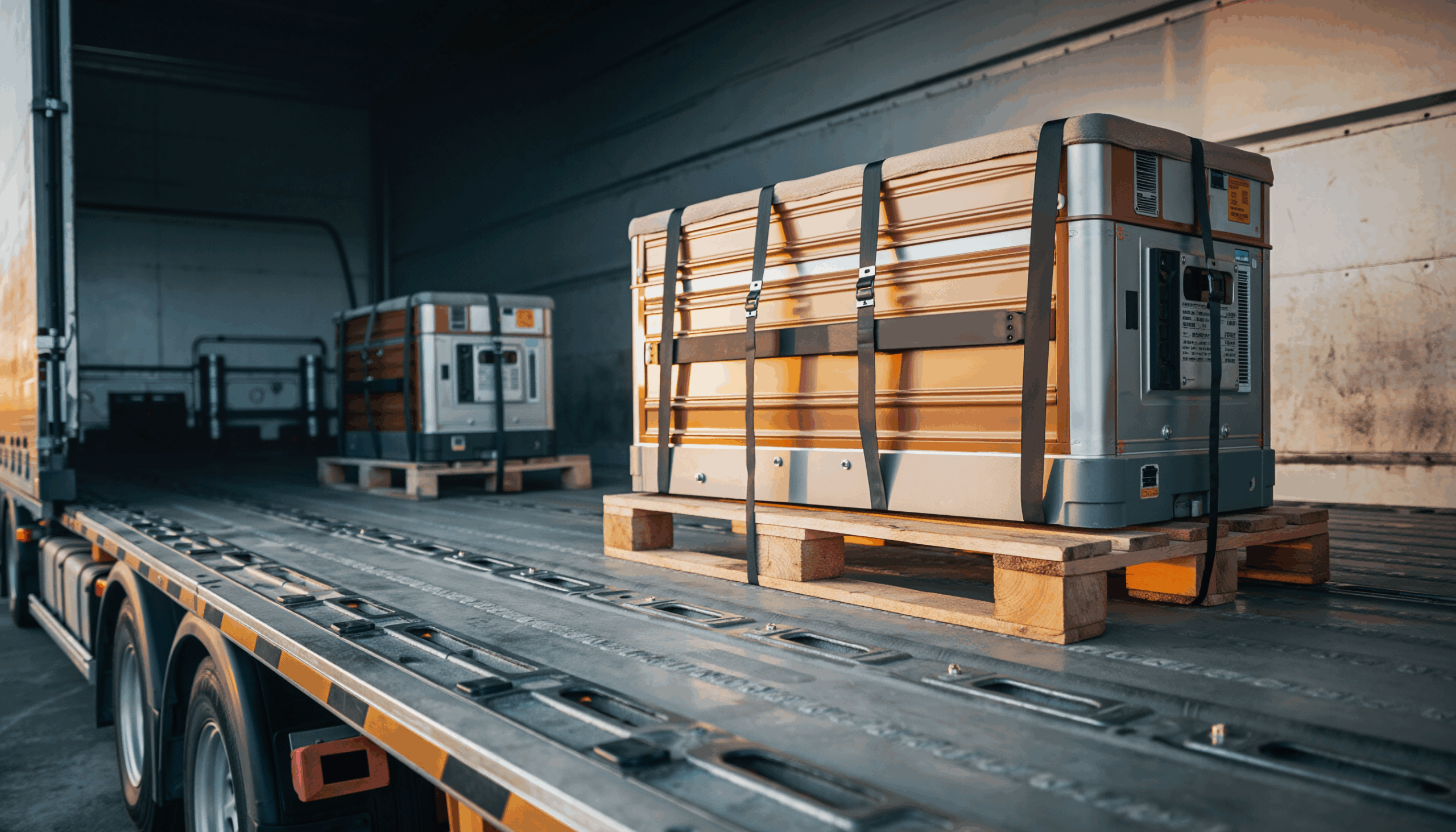 精密機器輸送の現場を俯瞰したイメージ。大型トラックの荷台にパレットに載せた精密機器用コンテナがラッシングベルトでしっかり固定され、国内・海外輸送における梱包・荷崩れ防止・輸送品質管理のポイントを表現したイメージ