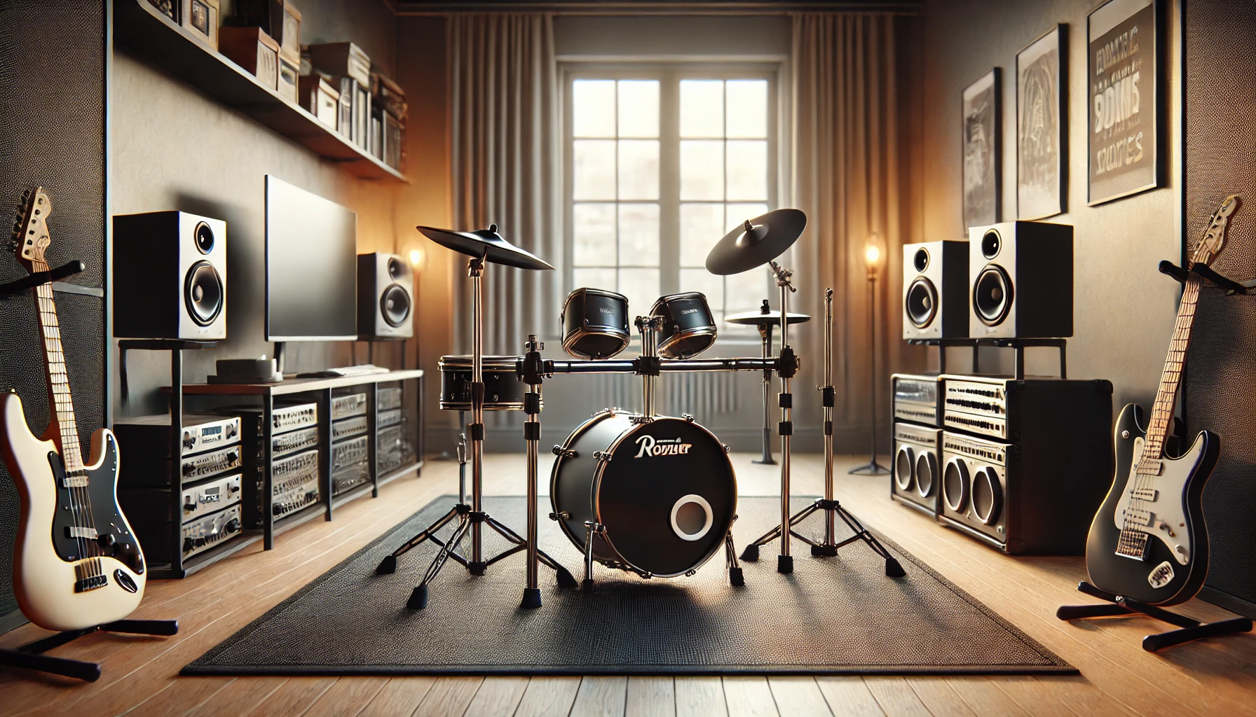 ドラムセットとスピーカーが並ぶ音楽スタジオを俯瞰し、防振マットで振動や音を抑える環境を表現したイメージ