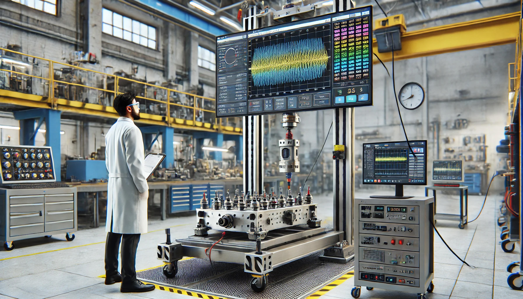 研究員が試験装置と計測モニターを用い、JIS規格に基づく振動試験を実施しながら製品の耐久性と輸送品質を検証している実験室のイメージ。