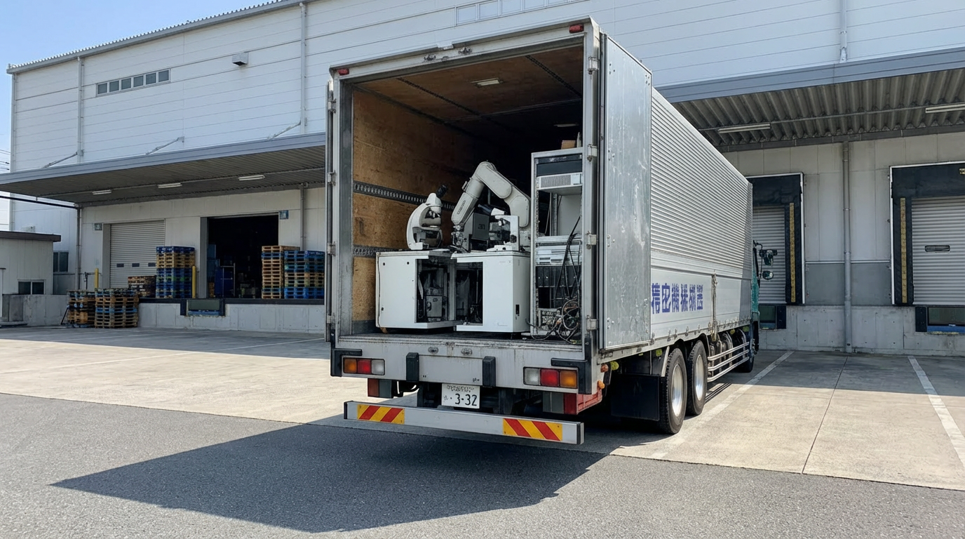 精密機器を搭載したトラックが物流拠点で荷待ちしている様子を通じて、輸送時の衝撃リスクを管理し、G-MENによる可視化と品質設計で事故防止を図る精密機器輸送の重要性を俯瞰したイメージ