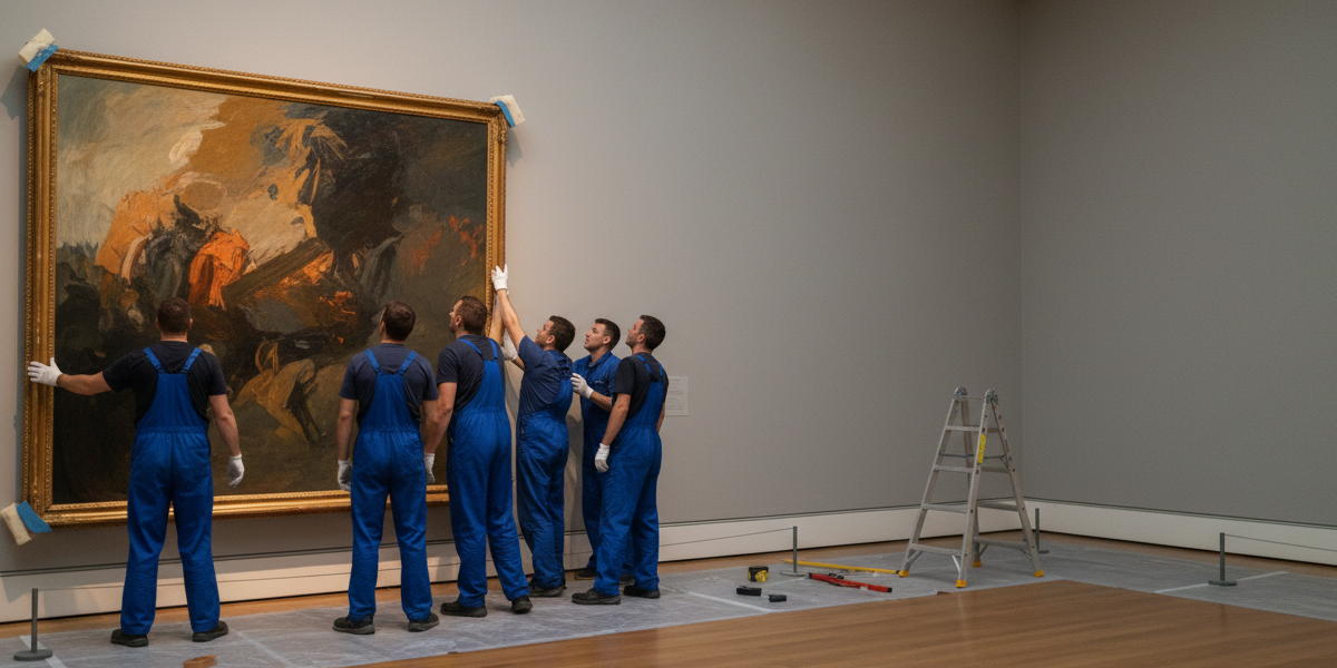 美術館の展示室で作業員が大きな額装絵画を壁面に取り付け、手袋着用で位置合わせと固定を行っている様子