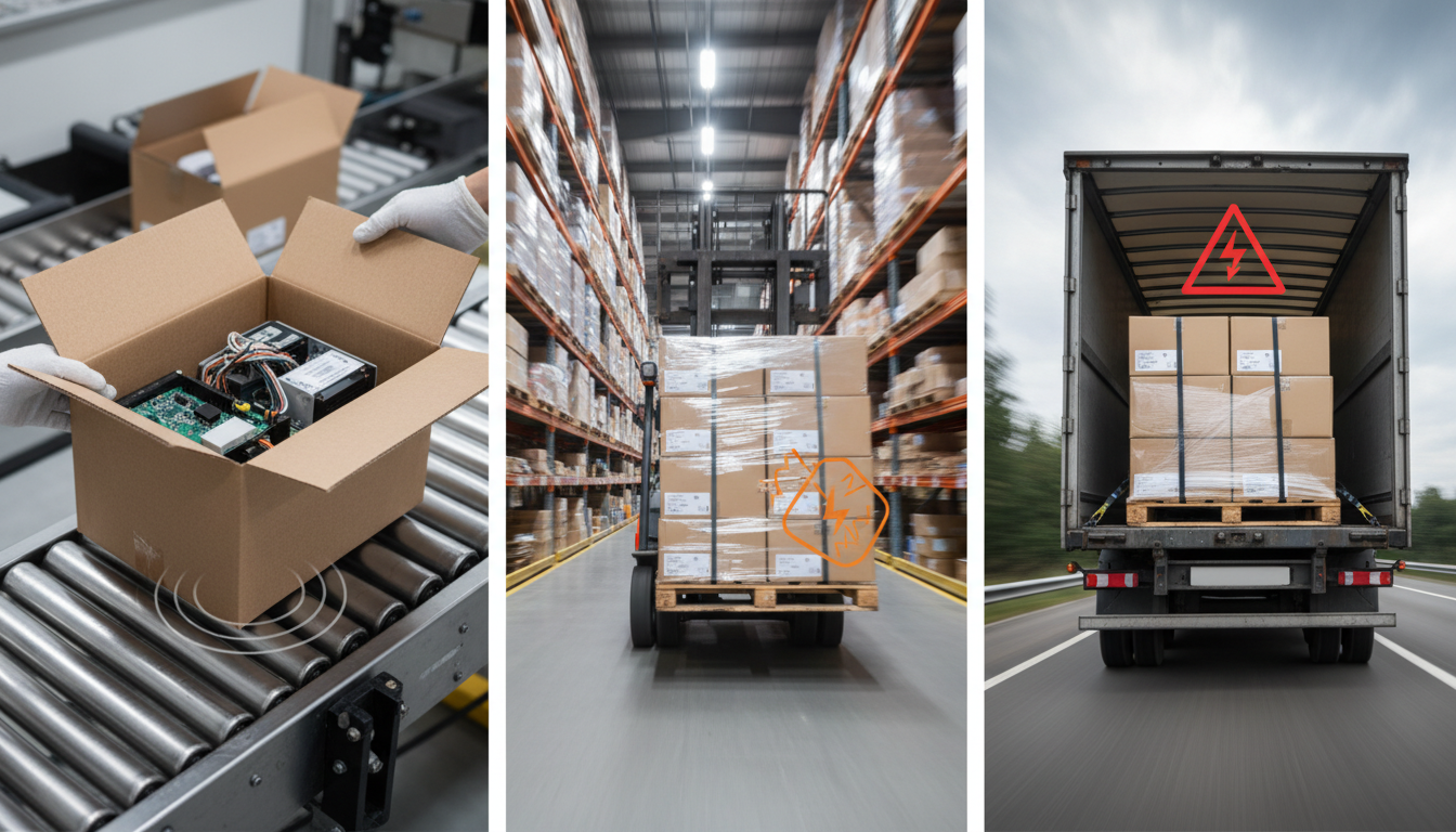 精密機器が梱包工程、倉庫内搬送、トラック輸送の各段階で振動や衝撃、荷扱い不良による破損リスクにさらされる様子を工程別に示したビジュアル