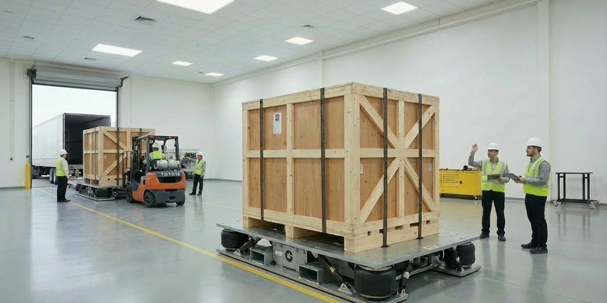 倉庫内で大型木箱梱包品を台車に載せ、フォークリフト搬送と作業者の確認作業により出荷前の輸送品質を管理している様子