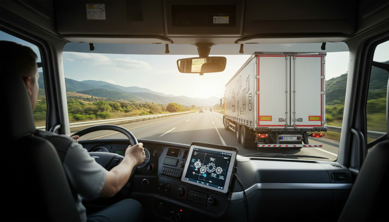 高速道路を走行するトラック輸送を運転席視点で捉え、走行中に発生しやすい振動や衝撃が貨物品質に影響する場面を示した現場イメージ