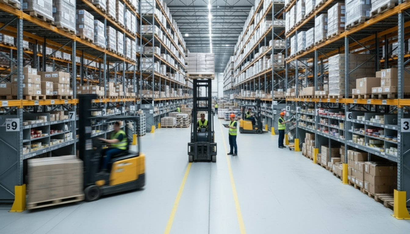 高棚が並ぶ倉庫通路でフォークリフトが走行し、作業者が安全ベストを着用して通路管理や荷扱いを行う様子を撮影した現場写真
