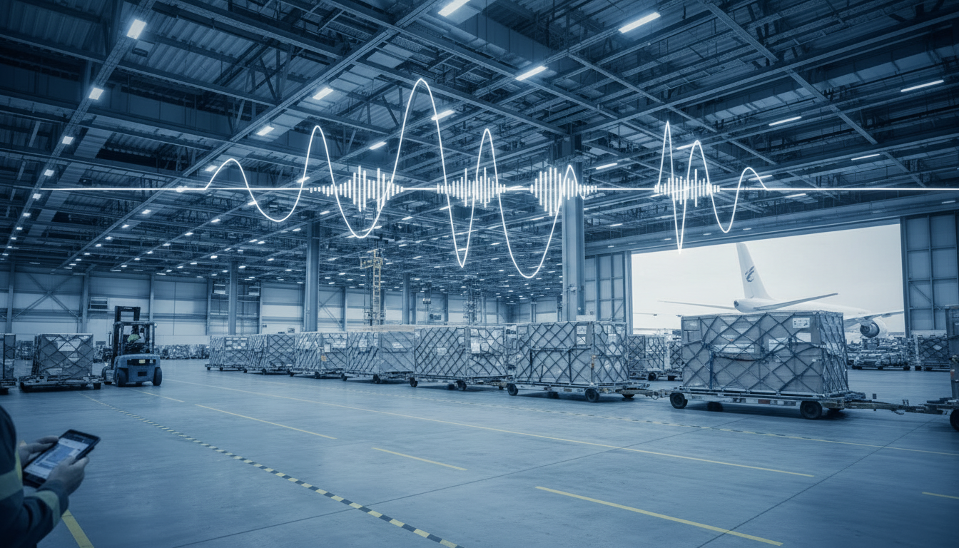 空港の貨物ターミナル内で航空貨物コンテナが並び、フォークリフトで荷役作業が行われる様子とともに、振動波形データが重ねて表示され、輸送中の衝撃や振動を可視化しているイメージ