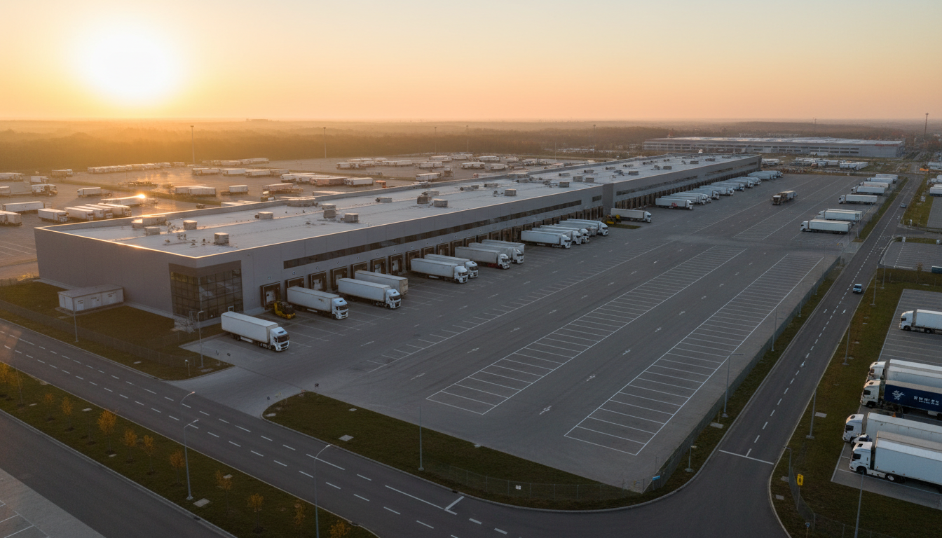 多数のトラックが接車する大規模物流センターを俯瞰し、輸送拠点における品質管理と荷主責任体制の重要性を示す外観写真