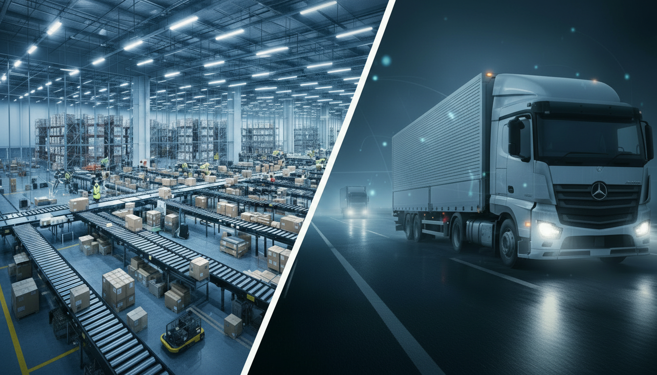 大規模な物流倉庫内の自動化された仕分けラインと、夜間走行する大型トラックを対比させ、物流拠点整備と輸送現場のつながりを示したビジュアル