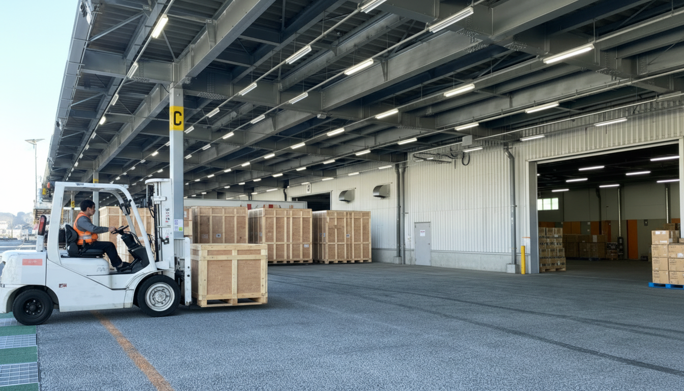 倉庫の出荷エリアでフォークリフトが木箱梱包の貨物を搬送しており、出荷前の構内作業が輸送品質やリスク管理に直結する状況を示している