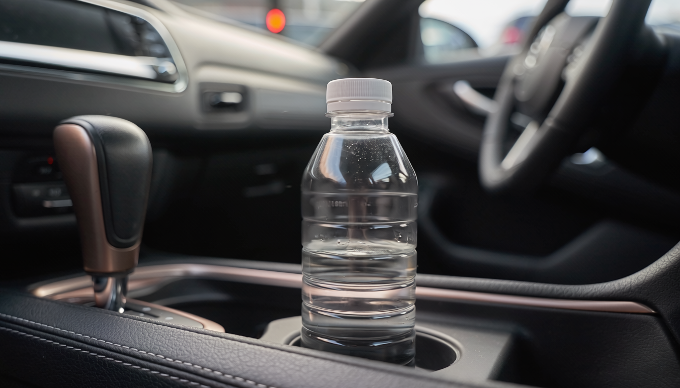 車のドリンクホルダー内のペットボトルがアイドリング振動で揺れる共振現象のイメージ