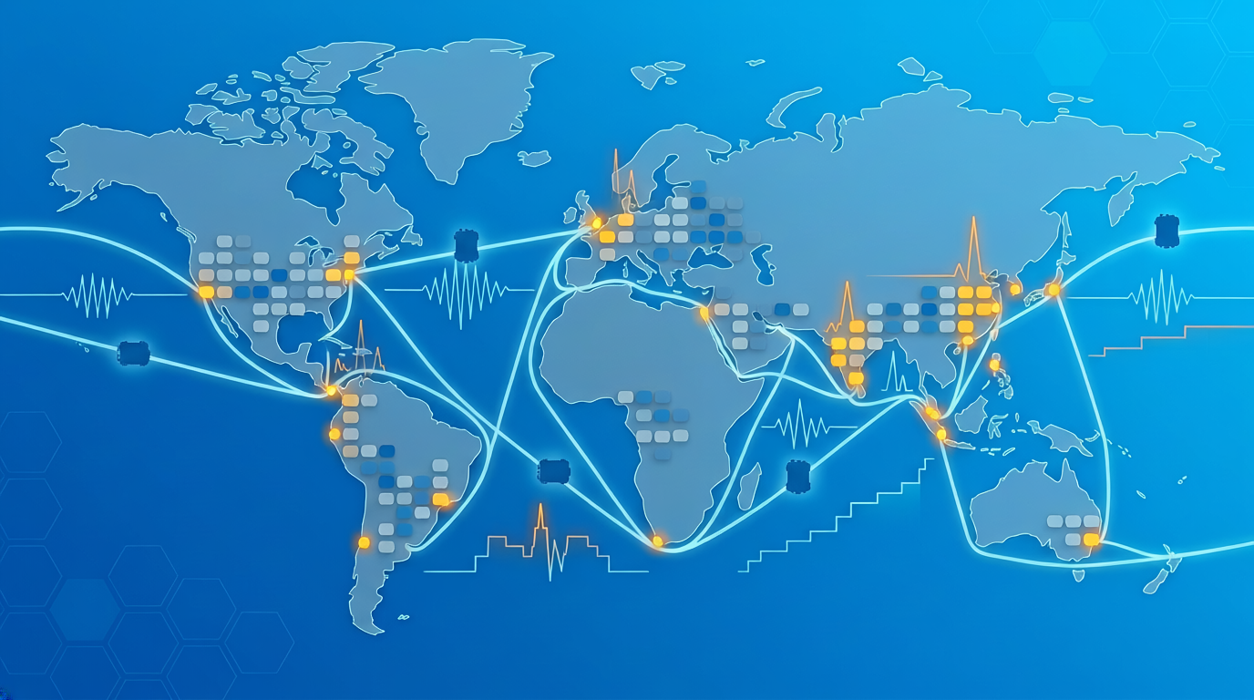 世界地図上にGPSルートライン・衝撃波形・データロガーを重ねて輸送環境の計測と衝撃リスクを可視化したイメージ
