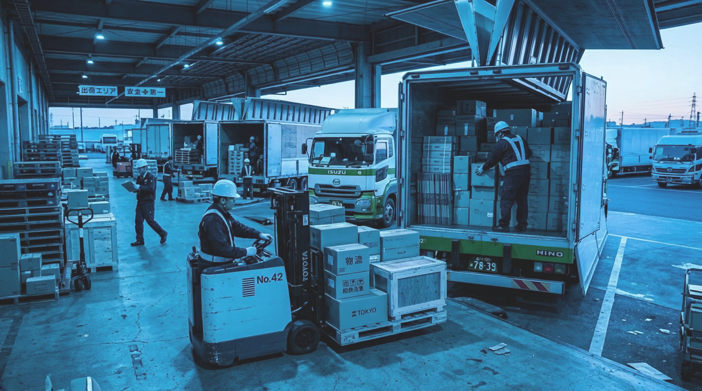 物流倉庫の出荷エリアでフォークリフトによる積み込み作業とトラックへの貨物搬入が行われている様子