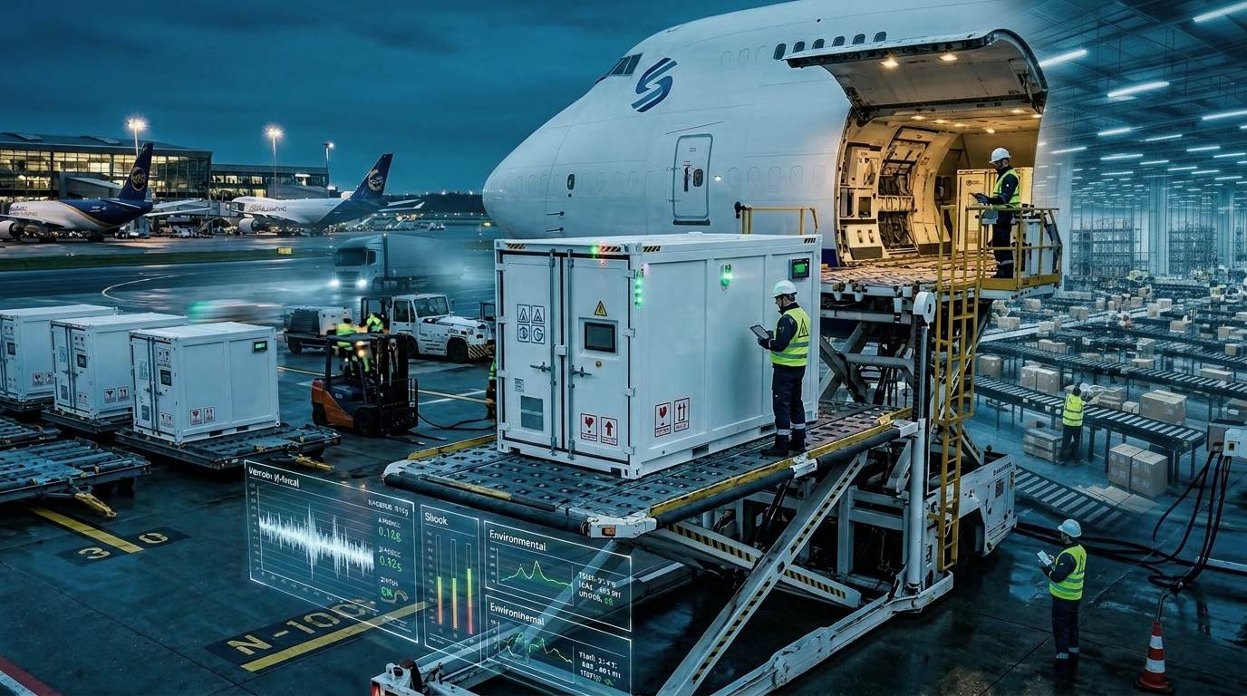 空港で半導体関連の精密機器を航空機に積み込む様子と、振動・衝撃・環境データのモニタリングイメージ