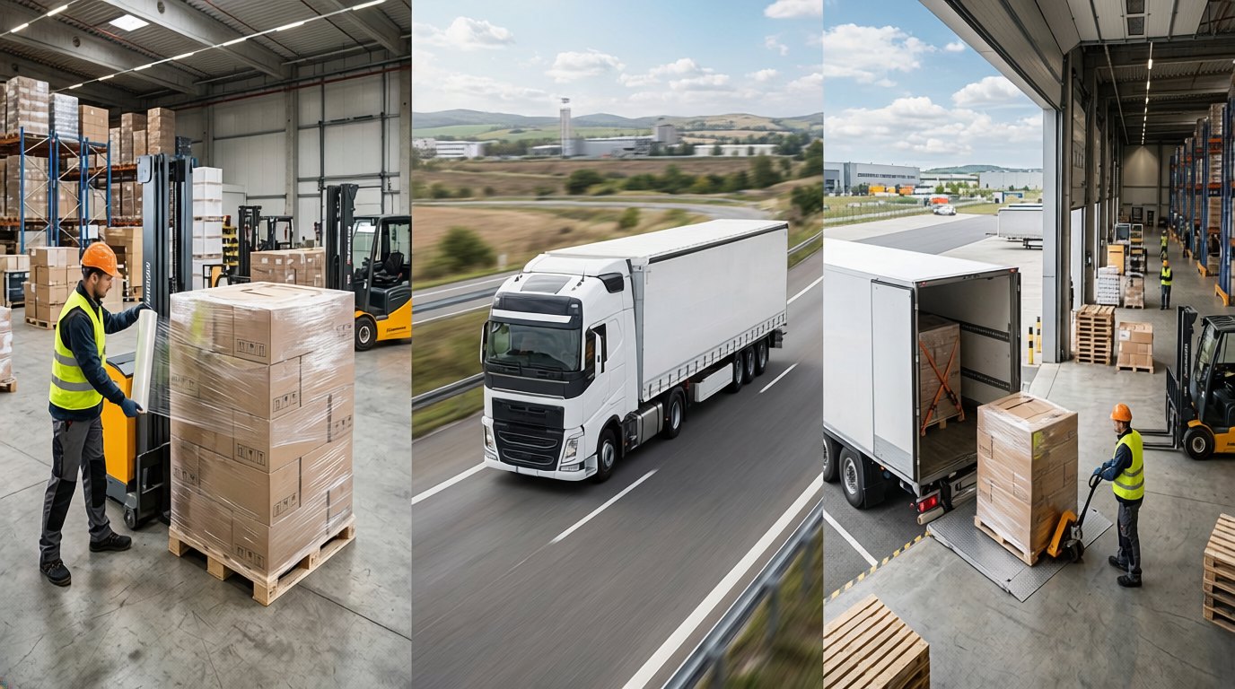 倉庫での梱包・積載、トラック輸送、納品時の荷下ろしまでの輸送プロセス全体を示したイメージ