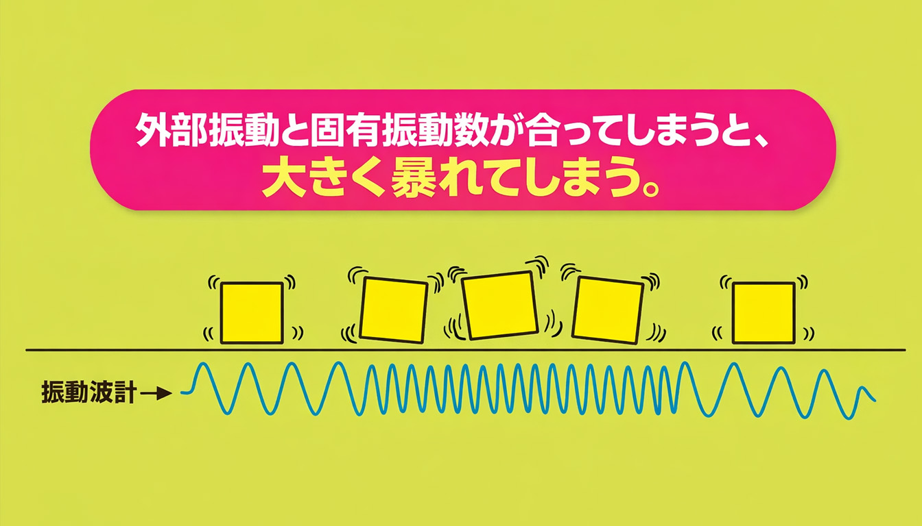輸送中の外部振動と固有振動数が一致すると共振が発生し振幅が増大する仕組みを示した図