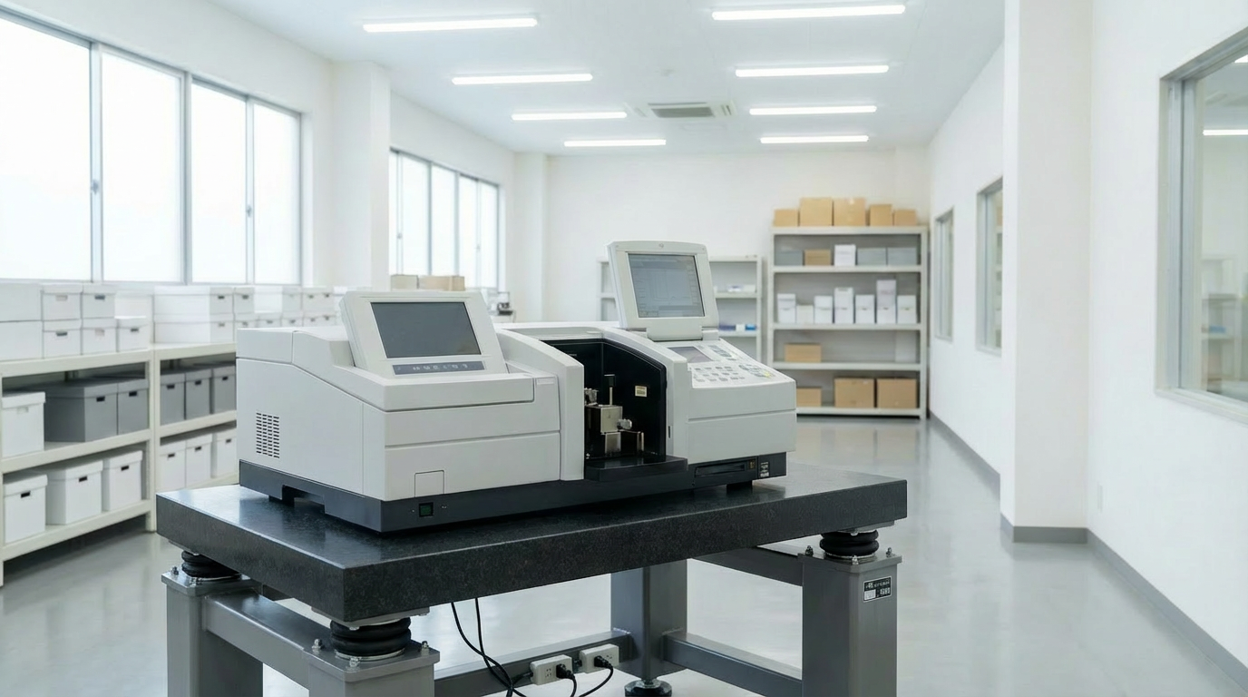 白を基調とした検査室内で、精密機器が防振台の上に設置され、振動の影響を抑える測定環境を示している現場写真