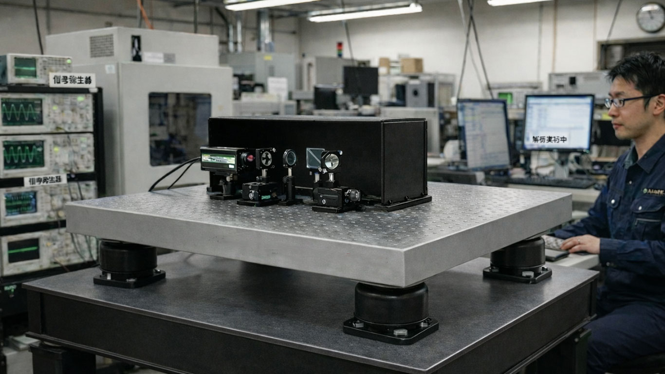 実験室内で精密機器を載せた防振台を使用し、重量や振動条件に応じた選定の重要性を示している現場写真