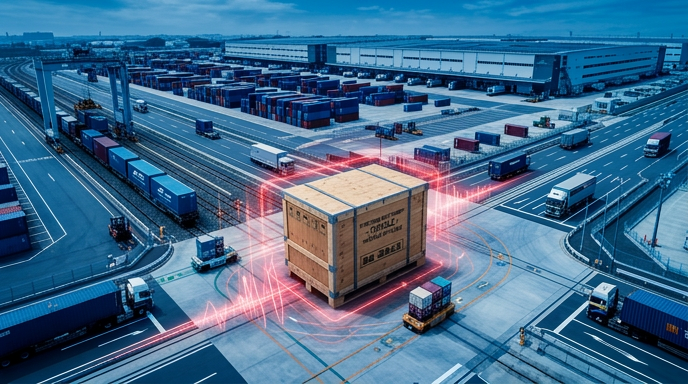 大型物流拠点でトラックやコンテナが行き交う中、中央の貨物にデジタルネットワークのような光のエフェクトが重なり、輸送力不足と物流全体の連携課題を象徴的に示している構図