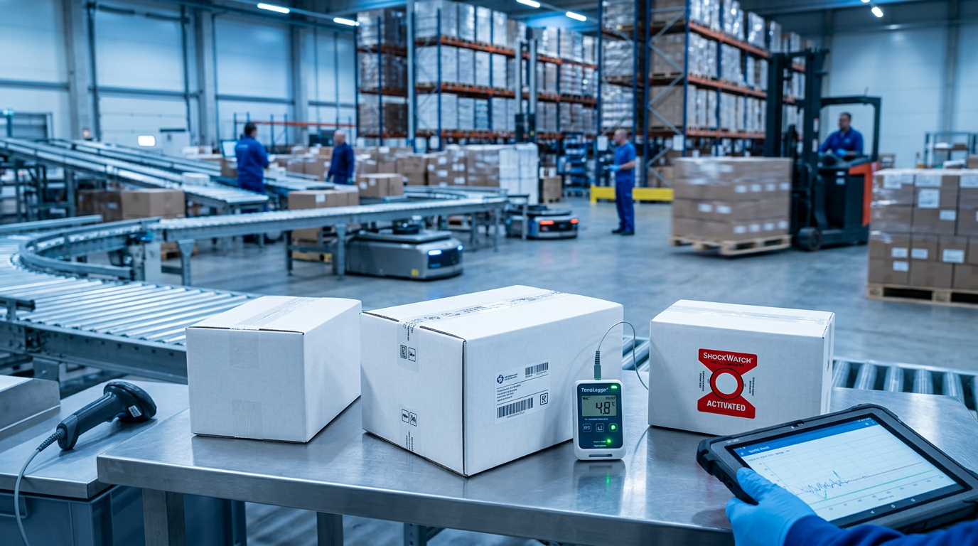 倉庫内のコンベヤ上に流れる医薬品の梱包箱に対し、温度ロガーや衝撃検知ラベルで輸送中の品質管理を行い、作業員がタブレットでデータを確認している様子