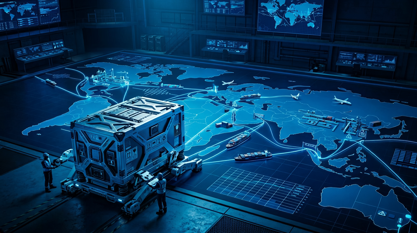 貿易摩擦によって複雑化した半導体輸送ルートと精密機器輸送のリスクを示す世界地図ビジュアル