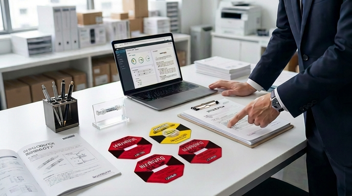 デスク上でショックウォッチ製品と管理資料を確認しながら、ノートPCで輸送品質データをチェックし導入やサポート内容を検討しているビジネスシーン