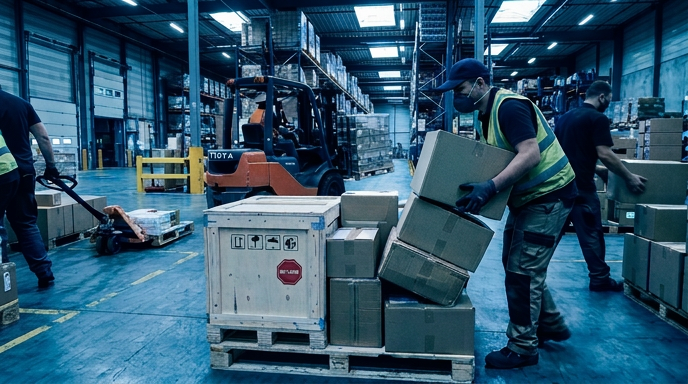 大型倉庫内で作業員が荷物を手作業で積み上げる中、フォークリフトも稼働しており、繁忙期特有の混雑や安全・品質リスクが高まっている様子を示す現場写真