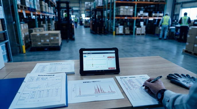 倉庫内で作業員がタブレットと帳票を用いて輸送品質に関するデータを記録・確認し、フォークリフトや荷物が配置された現場の管理状況を示している様子