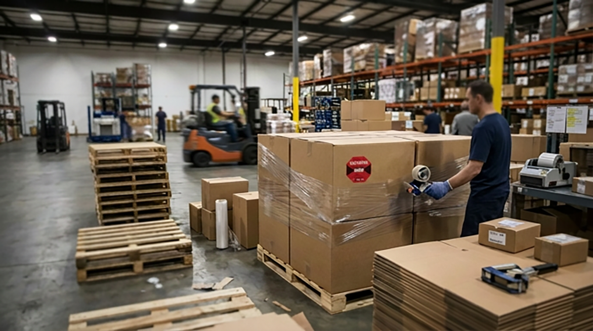 倉庫内で作業者がパレット上の荷物をストレッチフィルムで梱包し、外装にショックウォッチを貼付して出荷準備を行う様子と、背後でフォークリフトが稼働している現場