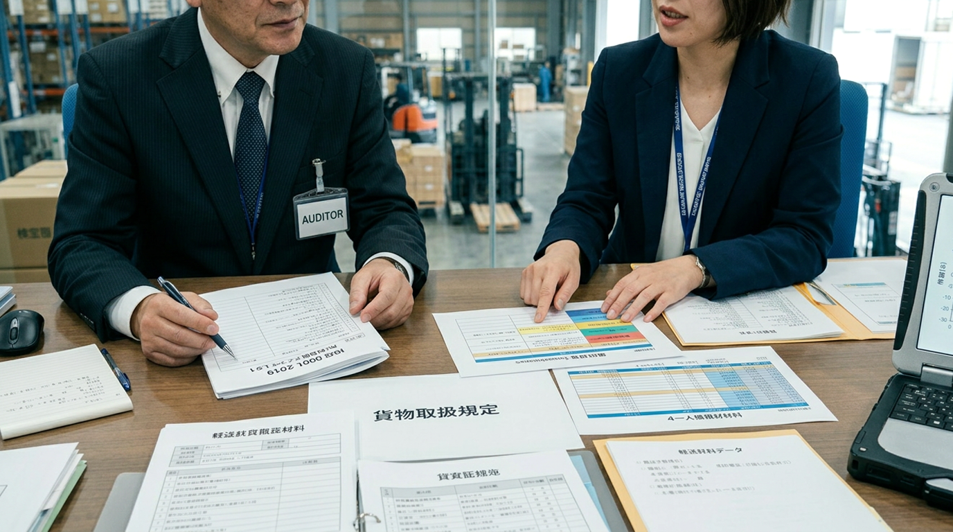 品質監査で輸送管理体制や貨物取扱規定の書類を確認する監査担当者と品質管理担当者