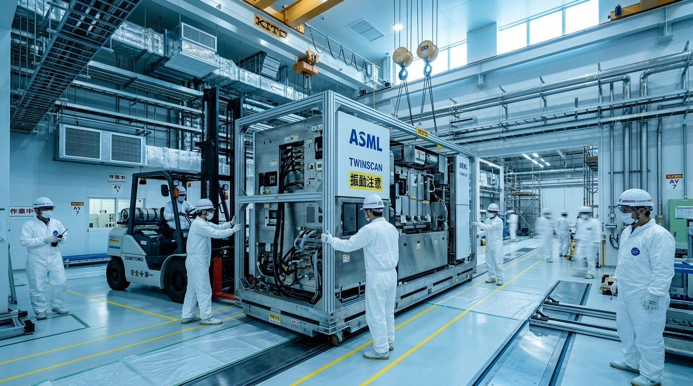 国内半導体工場のクリーンルーム内で、大型半導体製造装置をフォークリフトと作業員が連携して搬入・据付している様子