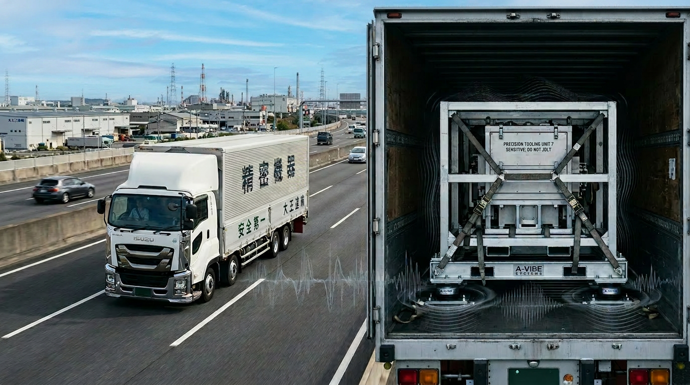 トラック輸送中に発生する振動が精密機器輸送箱へ伝わる様子を表現したイメージ