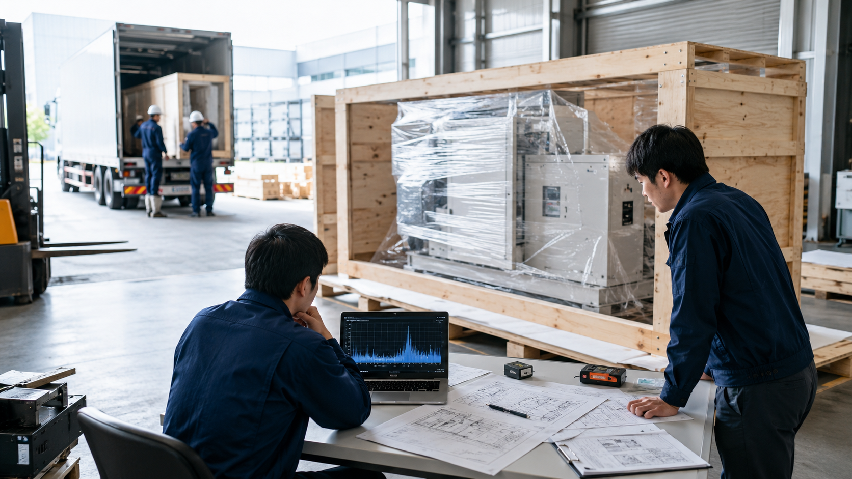 輸送振動対策を検討する担当者と大型精密機器の輸送現場