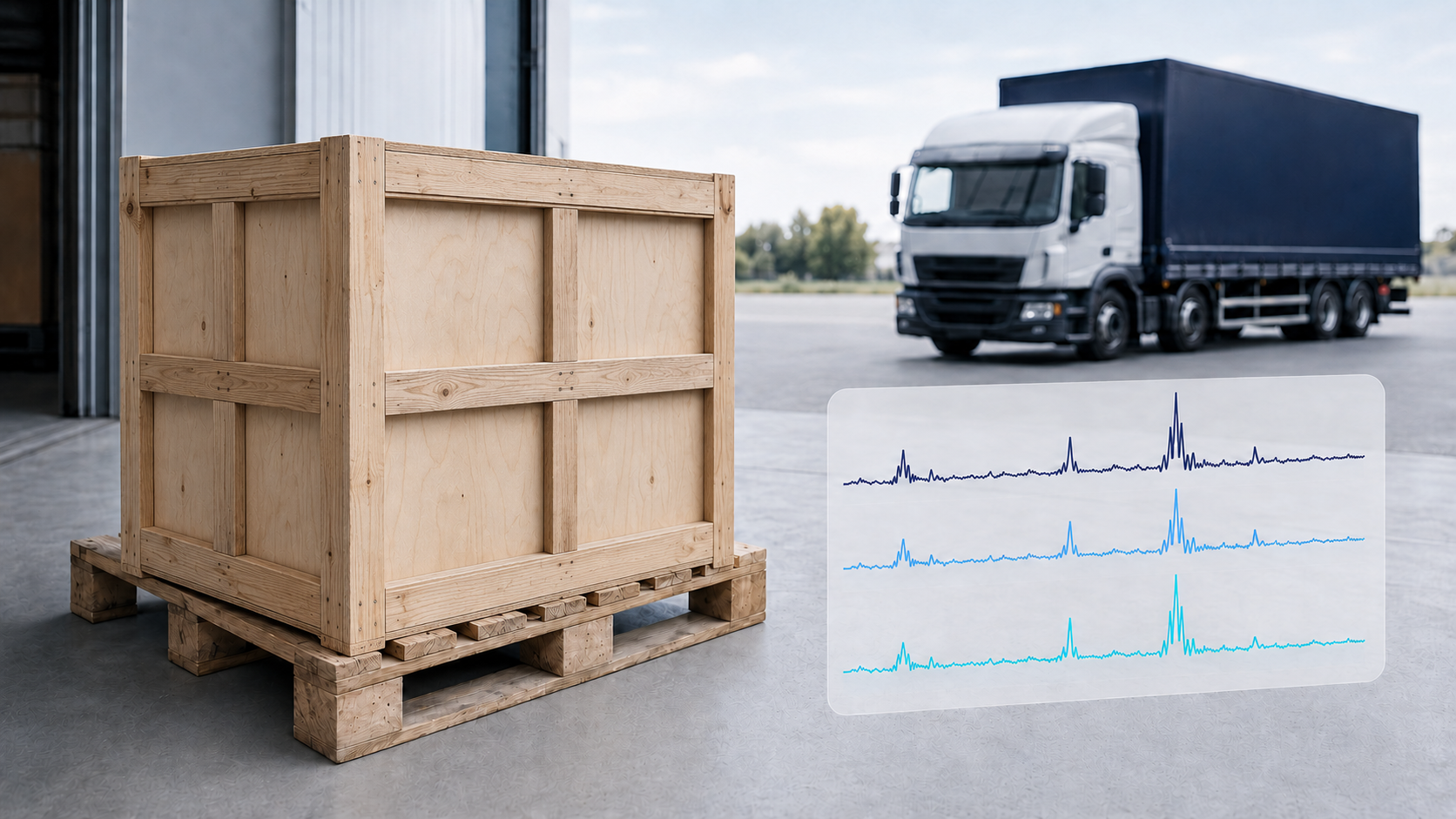 トラック荷台の木枠梱包と3軸の振動波形を重ねた輸送振動測定のイメージ