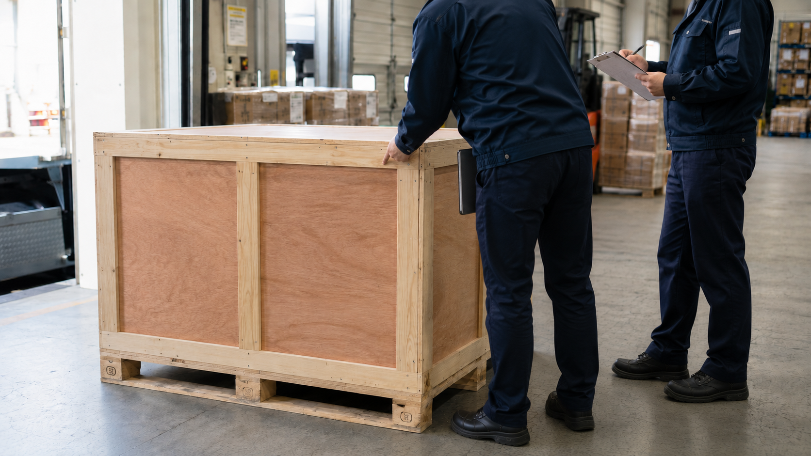 出荷前の木枠梱包を前に、品質管理担当者と物流担当者が梱包状態や輸送条件を確認している様子。